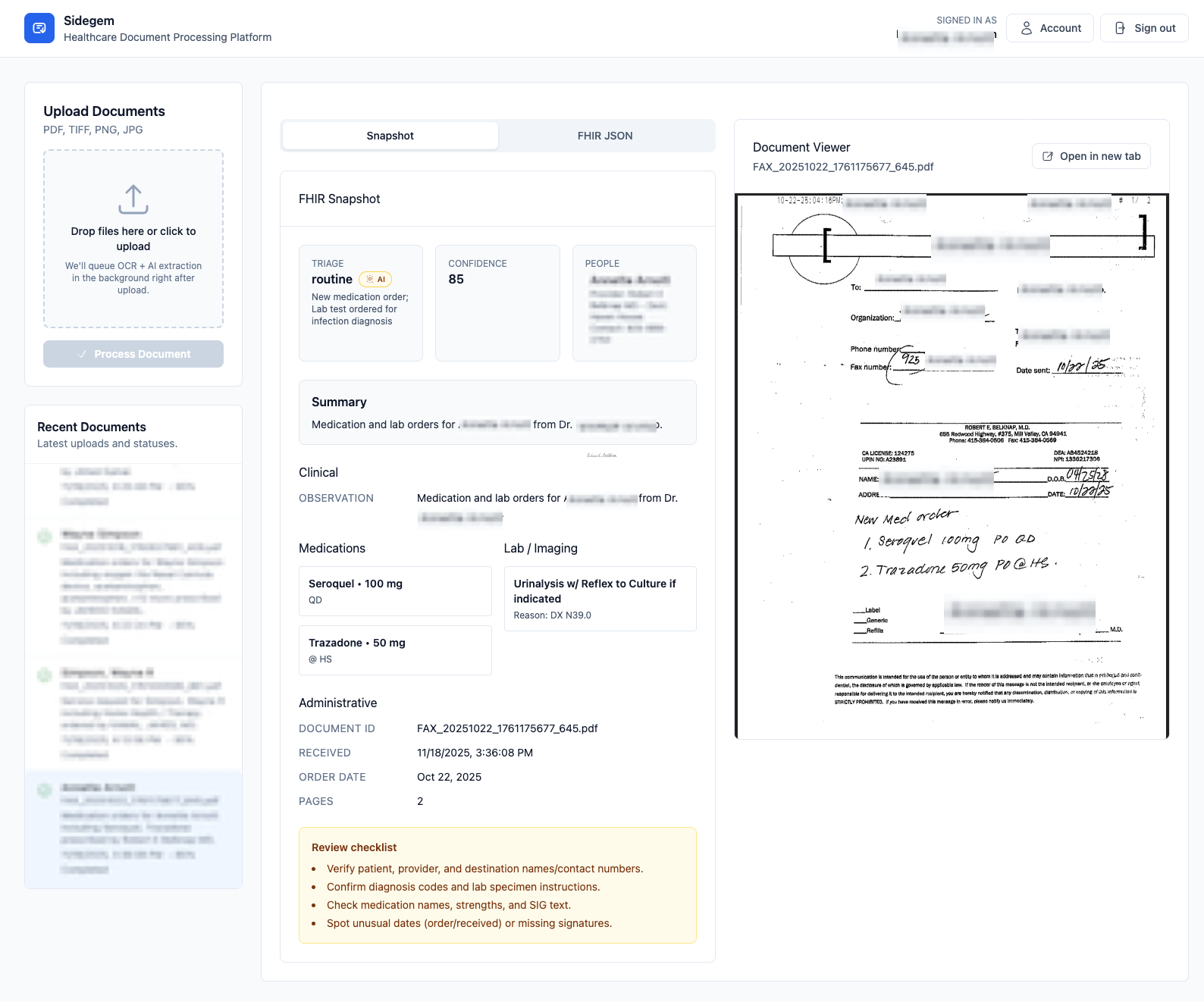 Clinical intelligence dashboard with blurred patient identifiers.